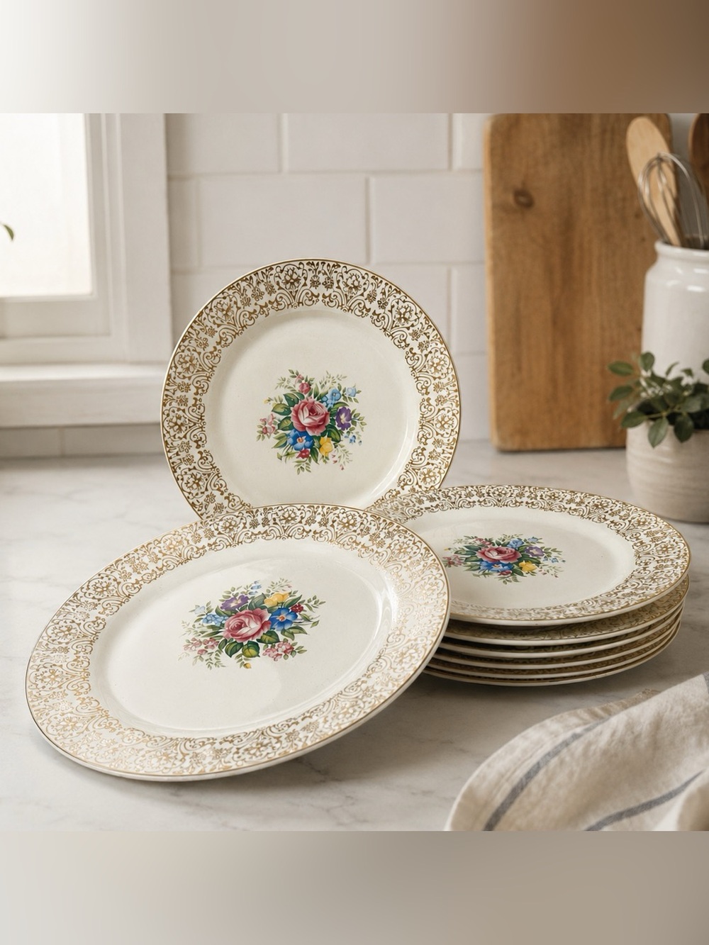Triumph American Limoges Rosalie TS350-1 Dinner Plates 22K Gold USA Set Of 8